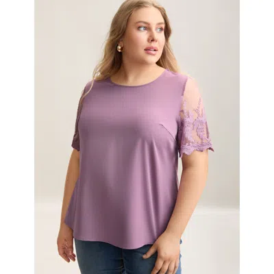 Bloomchic Women's Plus Size Spliced Sheer Sleeve Plain Curvy Fit Blouse Lilac Non Everyday Short Sleeve 22-24/ In Purple