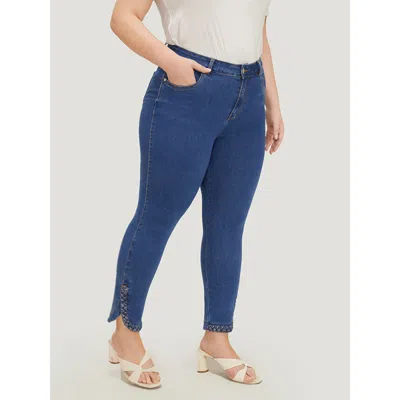 Bloomchic Women's Plus Size Split Arc Hem Medium Wash Jeans Blue Plain Arc Hem High Stretch 10/m