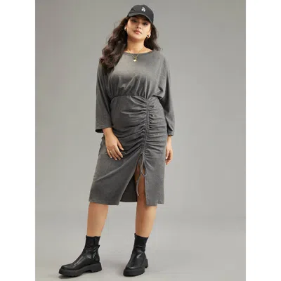 Bloomchic Women's Plus Size Split Hem Drawstring Batwing Sleeve Dress Dimgray Dailywear Plain 10/m