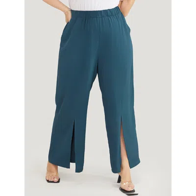 Bloomchic Women's Plus Size Split Hem Elastic Waist Pocket Pants Cyan Mid Rise Office 10/m In Blue