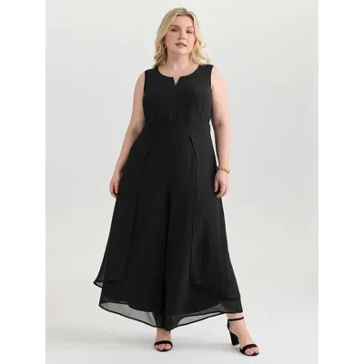 Bloomchic Women's Plus Size Split Neckline Curvy Hem Plain Jumpsuit Black Elegant 18-20/2x