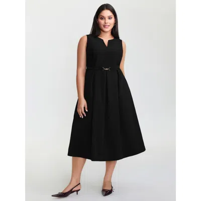 Bloomchic Women's Plus Size Split Neckline Waist Defining Midi Dress Black Solid Midi Office Ruched 14-16/1x