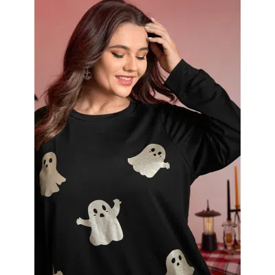 Bloomchic Women's Plus Size Spooky Ghost Print Solid Sweatshirt Black Graphic-halloween Casual 22-24/3x