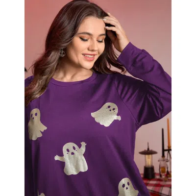 Bloomchic Women's Plus Size Spooky Ghost Print Solid Sweatshirt Deeppurplered Graphic-halloween Casual 14-16/1