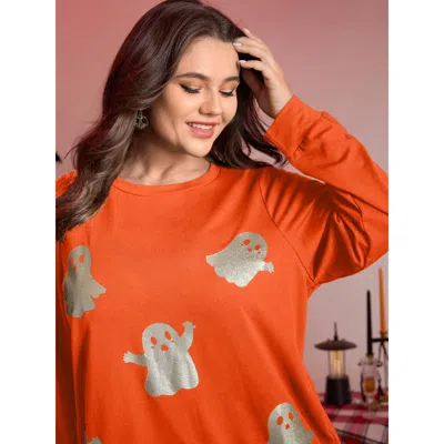 Bloomchic Women's Plus Size Spooky Ghost Print Solid Sweatshirt Orangered Graphic-halloween Casual 10/m