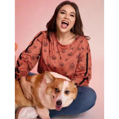 Bloomchic Women's Plus Size Spooky Halloween Print Relaxed Fit Sweatshirt Coral Graphic-halloween Casual 14-16 In Orange