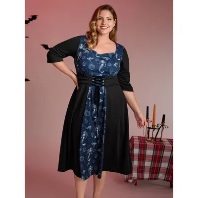Bloomchic Women's Plus Size Spooky Mermaid Print Supersoft Cinched Midi Dress Black Marine Elements Midi Elega