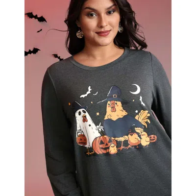 Bloomchic Women's Plus Size Spooky Midnight Halloween Print Sweatshirt Dimgray Graphic-halloween Casual 12/l