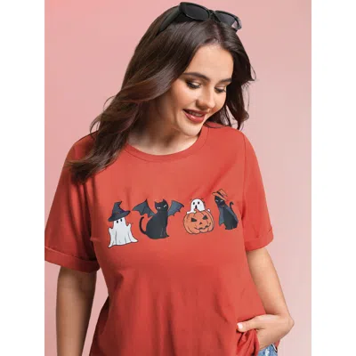 Bloomchic Women's Plus Size Spooky Print Round Neck T-shirt Brightorange Non Casual Short Sleeve 10/m