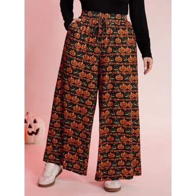 Bloomchic Women's Plus Size Spooky Pumpkin Elastic Waistband Wide-leg Pants Multicolor Fruit And Vegetable Pri
