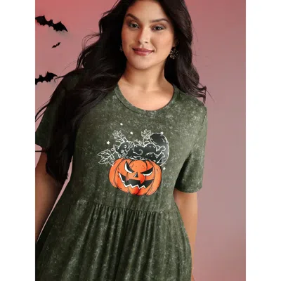 Bloomchic Women's Plus Size Spooky Pumpkin Motif Snowflake Effect Midi Dress Armygreen Non Knee Casual Gathere