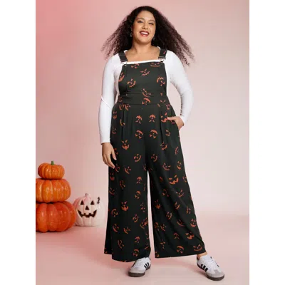 Bloomchic Women's Plus Size Spooky Pumpkin Pattern Overall Jumpsuit Black Casual 10/m