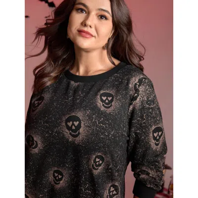 Bloomchic Women's Plus Size Spooky Skull Print Ribbed Hem Sweatshirt Blackflower Graphic-halloween Casual 10/m