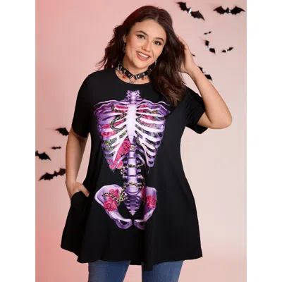 Bloomchic Women's Plus Size Spooky Skull Supersoft Tunic Mini Dress Black Casual Tunic Non 12/l