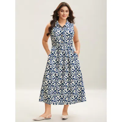Bloomchic Women's Plus Size Spring Abstract Print Shirt Collar Midi Dress Navy Ethnic Floral Midi Vacation Smo In Blue