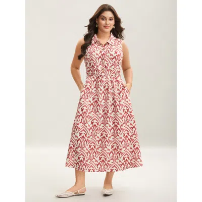 Bloomchic Women's Plus Size Spring Abstract Print Shirt Collar Midi Dress Russet Ethnic Floral Midi Vacation S In Brown