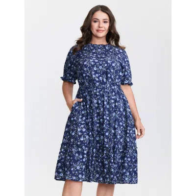 Bloomchic Women's Plus Size Spring Floral Print Pockets Midi Dress Indigo Ditsy Floral Midi Casual Ruffles 10/ In Purple