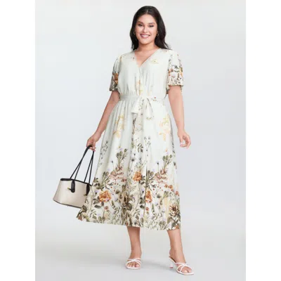 Bloomchic Women's Plus Size Spring Floral Print Surplice Neck Midi Dress Beige Ditsy Floral Midi Elegant Overl In Sand