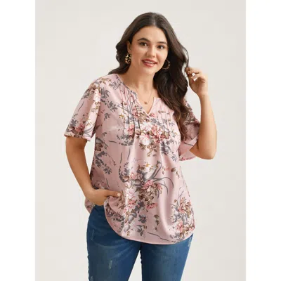 Bloomchic Women's Plus Size Spring Pattern Neck Cut-out Pleated Shirt Nudepink Floral Elegant Short Sleeve 10/