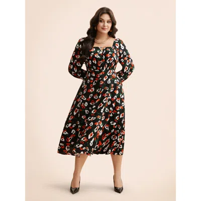 Bloomchic Women's Plus Size Square Neck Animal Print Keyhole Dress Black Animal Motif Midi Everyday Gathered 2