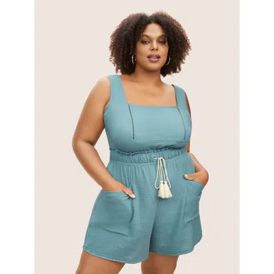 Bloomchic Women's Plus Size Square Neck Drawstring Frill Trim Tassels Jumpsuit Cerulean Everyday No Stretch 30 In Blue