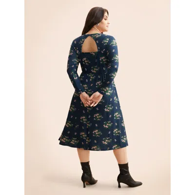 Bloomchic Women's Plus Size Square Neck Floral Cut Out Dress Navy Floral Midi Everyday Cut-out 22-24/3x In Blue