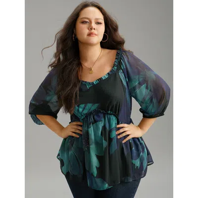 Bloomchic Women's Plus Size Square Neck Floral Frill Trim Mesh Ruffles Blouse Cyan Dailywear 3/4 Sleeve 14-16/ In Blue