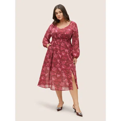 Bloomchic Women's Plus Size Square Neck Floral Shirred Gathered Mesh Dress Russet Everyday See Through 30/6x In Brown