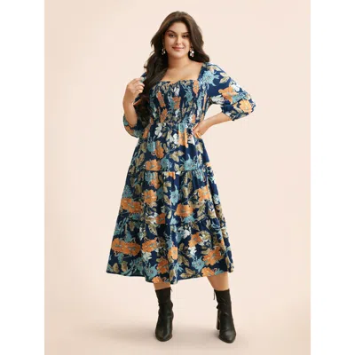 Bloomchic Women's Plus Size Square Neck Floral Shirred Midi Dress Navy Floral Midi Everyday Shirred 28/5x In Blue