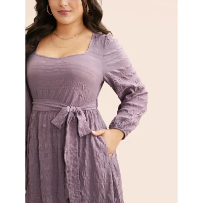 Bloomchic Women's Plus Size Square Neck Plain Textured Belted Dress Mauve Non Midi Everyday Texture 30/6x In Purple