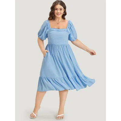 Bloomchic Women's Plus Size Square Neck Puff Sleeve Ruched Ruffle Hem Dress Lightblue Dailywear Elastic Cuffs  In Blue