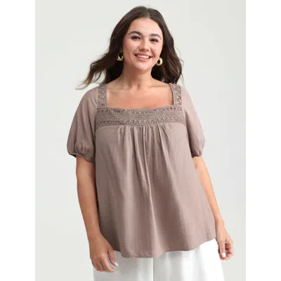 Bloomchic Women's Plus Size Square Neck Ruched Open Back-tie Blouse Dustypink Casual Short Sleeve 12/l In Pink