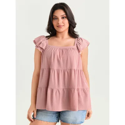Bloomchic Women's Plus Size Square Neck Ruffle Sleeve Layered Top Crepe Cap Sleeve Casual Square Neck 12/l