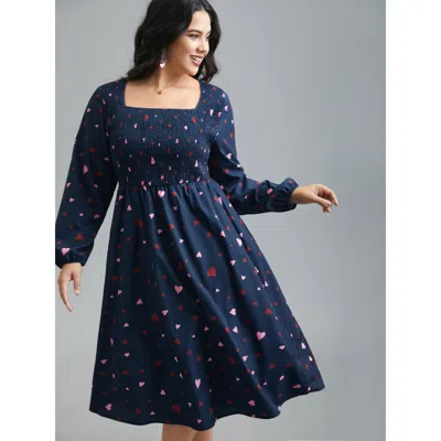Bloomchic Women's Plus Size Square Neck Shirred Hearts Midi Dress Indigo Heart Midi Everyday Shirred 10/m In Purple