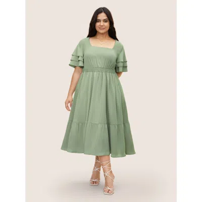 Bloomchic Women's Plus Size Square Neck Shirred Tiered Ruffle Sleeve Dress Palemauve Non Midi Everyday Tiered 