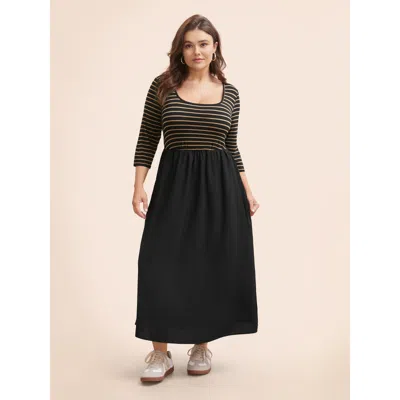 Bloomchic Women's Plus Size Square Neck Striped Patchwork Midi Dress Black Stripes Midi Casual Patchwork 22-24