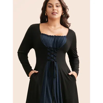 Bloomchic Women's Plus Size Square Neck Textured Patchwork Crisscross Dress Indigo Solid Midi Elegant Colorblo In Purple