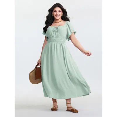 Bloomchic Women's Plus Size Square Neckline Shirred Waist Maxi Dress Mint Non Maxi Vacation Gathered 10/m In Green