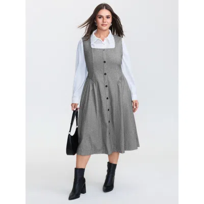 Bloomchic Women's Plus Size Square Neckline Textured Pleated Midi Dress Darkgray Non Midi Office 10/m In Gray