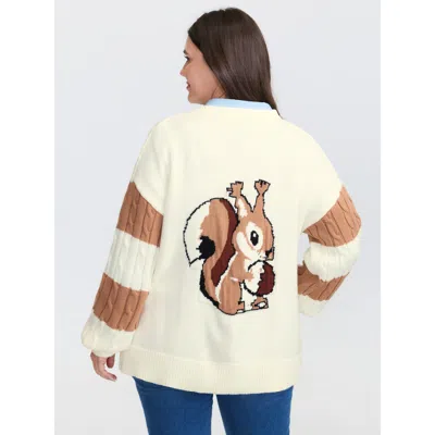 Bloomchic Women's Plus Size Squirrel Pattern Jacquard Textured Knit Cardigan Originalwhite Long Sleeve 10/m
