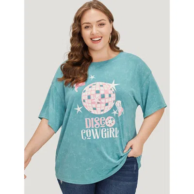 Bloomchic Women's Plus Size Star & Boots Print Heather Graphic T-shirt Teal Dailywear 10/m In Blue