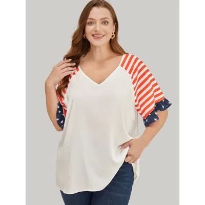 Bloomchic Women's Plus Size Star & Striped Print Raglan Sleeve Ruffle Trim Blouse White Dailywear Half Sleeve 
