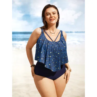 Bloomchic Women's Plus Size Star Asymmetrical Hem Cross Straps One Piece Swimsuit Indigo Stars And Moons Color In Purple
