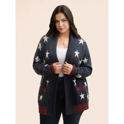 Bloomchic Women's Plus Size Star Contrast Patched Pocket Cardigan Indigo Long Sleeve 18-20/2x In Purple