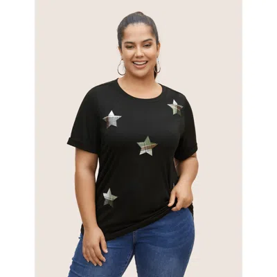 Bloomchic Women's Plus Size Star Embroidered Patch Round Neck T-shirt Black Stars And Moons Everyday Short Sle