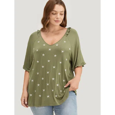 Bloomchic Women's Plus Size Star Embroidered Ruffle Trim Raglan Sleeve T-shirt Sage Dailywear Short Sleeve 10/ In Green