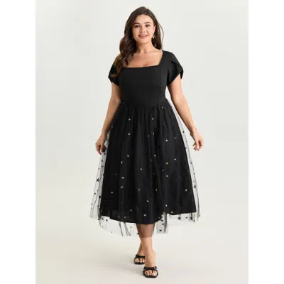 Bloomchic Women's Plus Size Star Embroidered Square Neckline Midi Dress Black Star & Moon Maxi Elegant Smocked