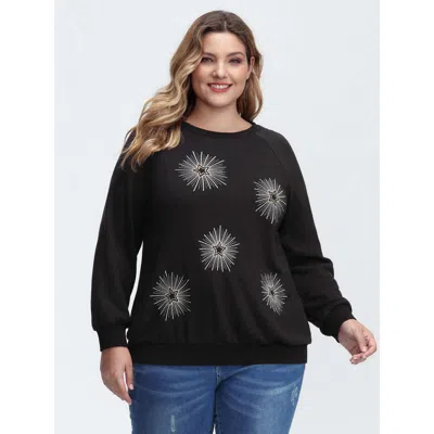 Bloomchic Women's Plus Size Star Embroidery Round Neck Sweatshirt Black Casual 10/m