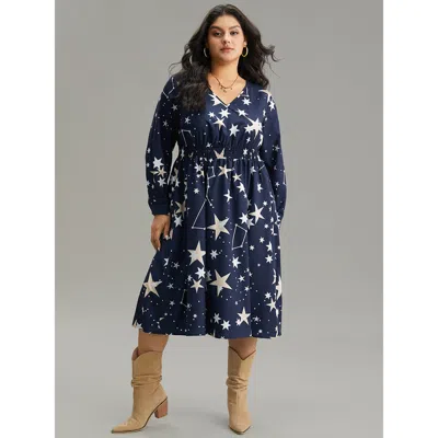 Bloomchic Women's Plus Size Star Geometric Shirred Pocket Dress Darkblue Dailywear Printed 10/m In Blue