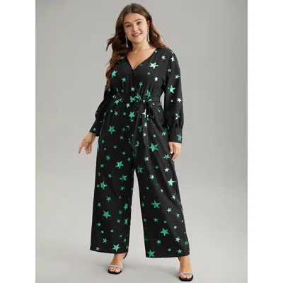 Bloomchic Women's Plus Size Star Glitter Belted V Neck Jumpsuit Black Going Out 10/m